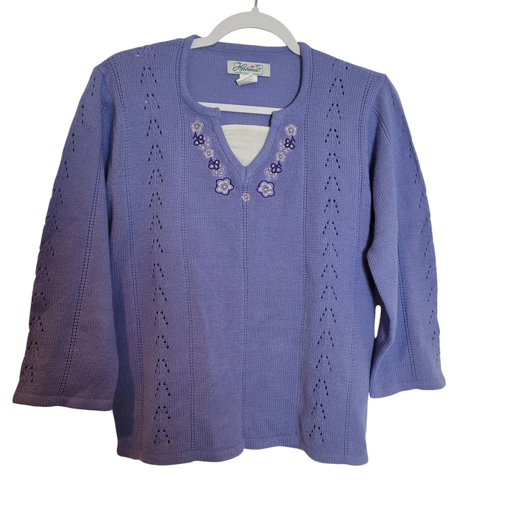 Haband Womens Periwinkle Purple Floral Embroidered Pointelle Knit Sweater Size M
